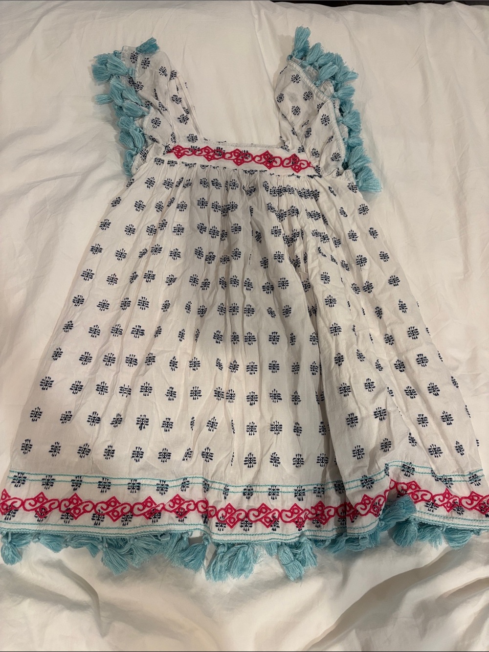 Girls' White Embroidered Sundress with Aqua Tassel Trim